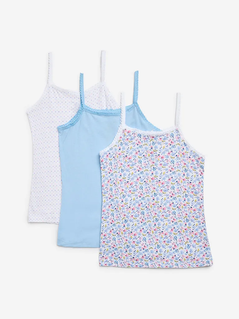 Y&F Kids Blue Printed Cotton Camisoles - Pack of 3