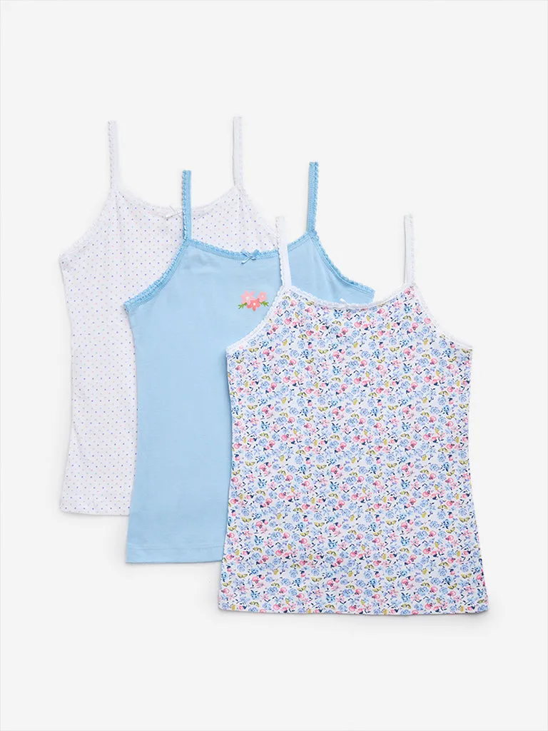 Y&F Kids Blue Printed Cotton Camisoles - Pack of 3