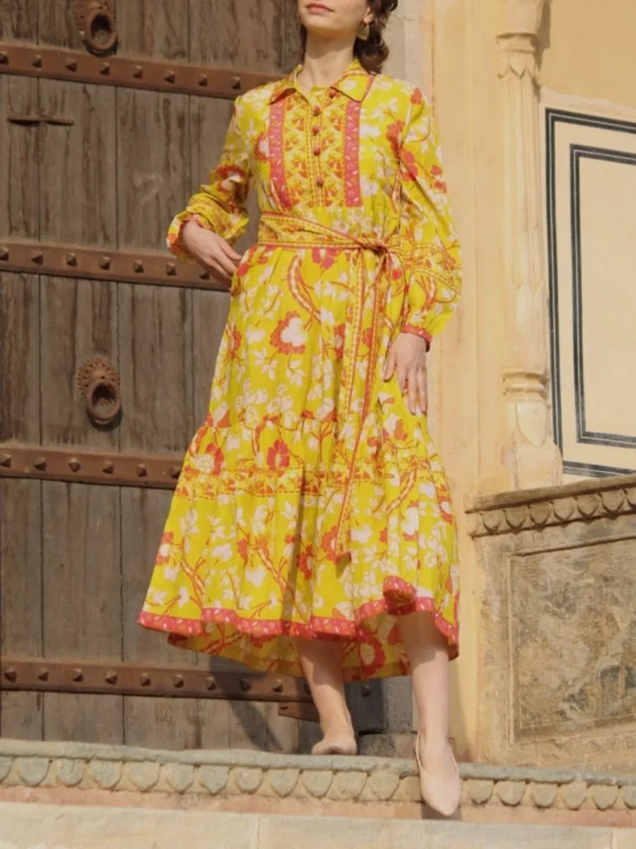 Yellow Block Print Cotton Dress