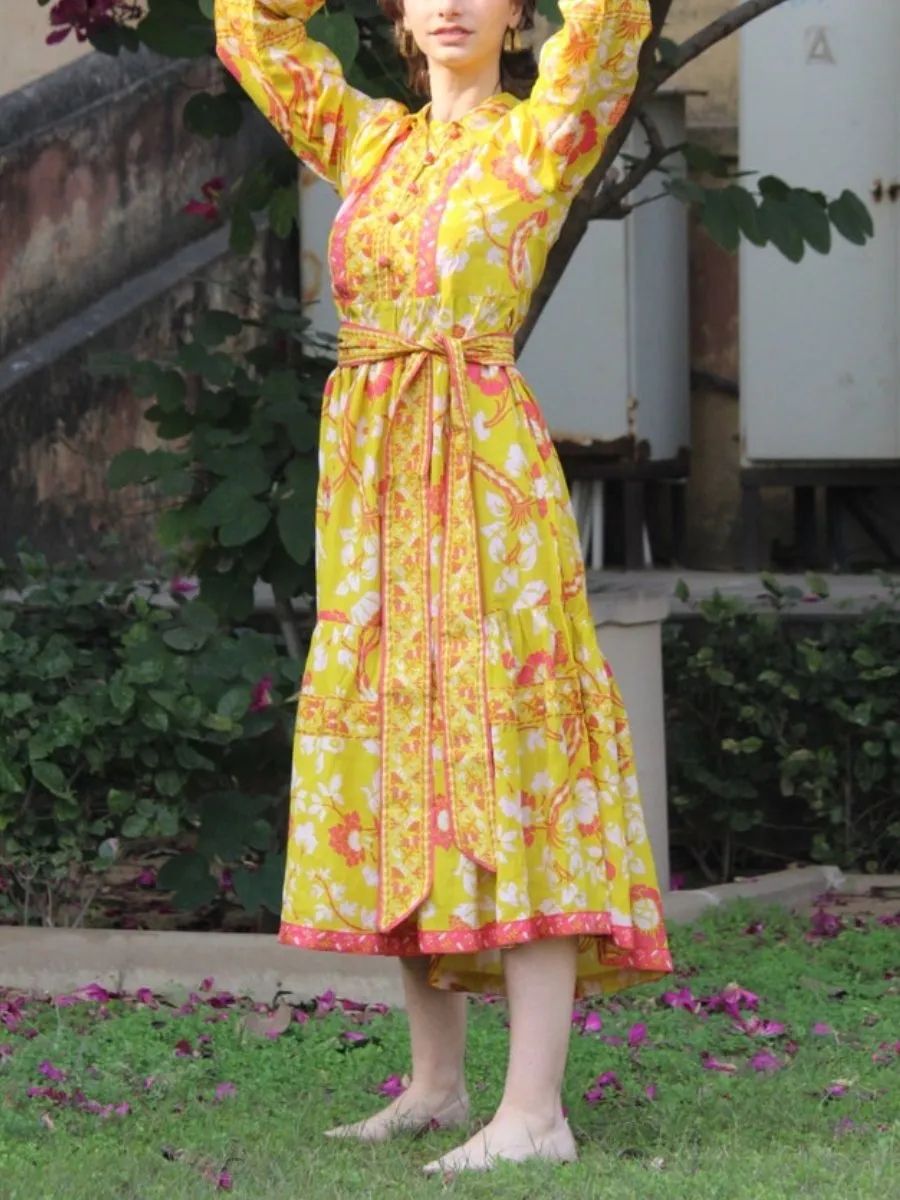 Yellow Block Print Cotton Dress