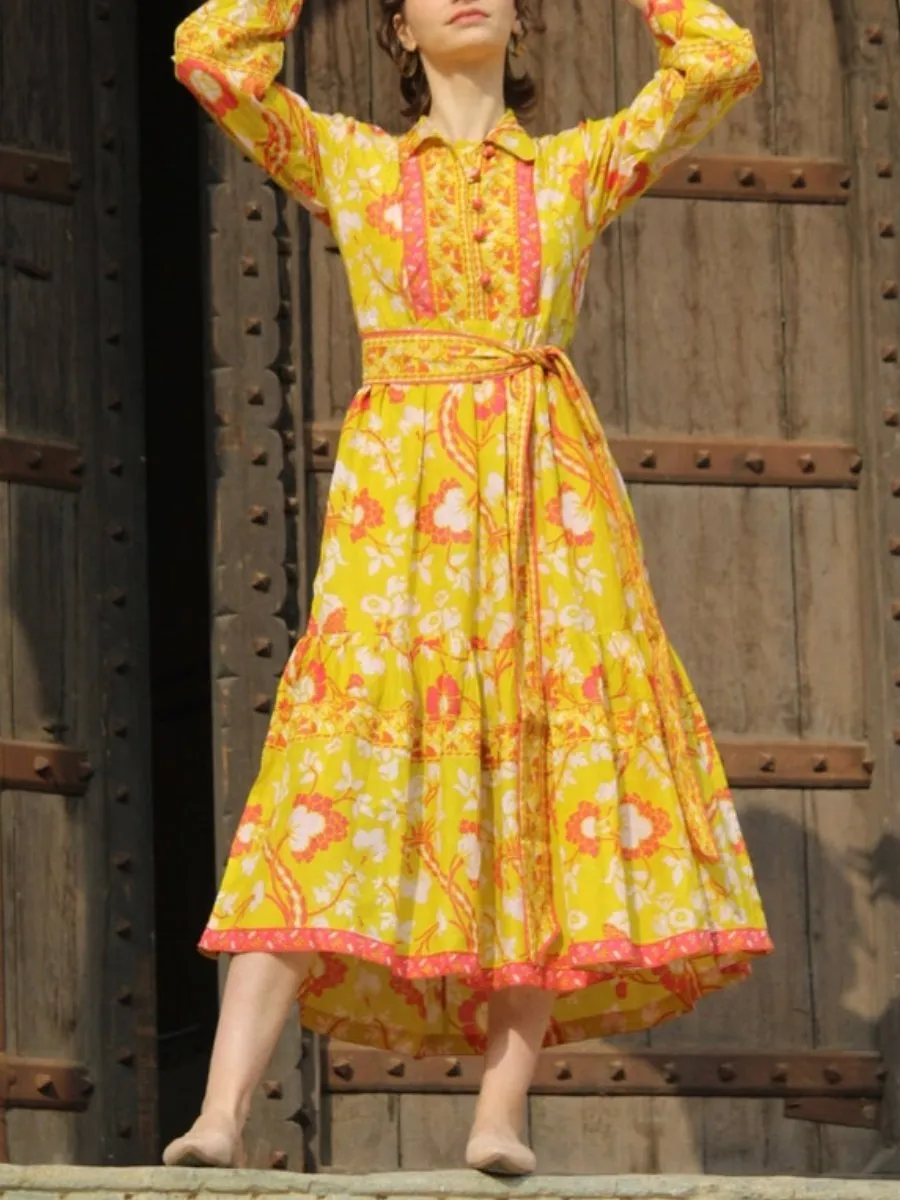 Yellow Block Print Cotton Dress