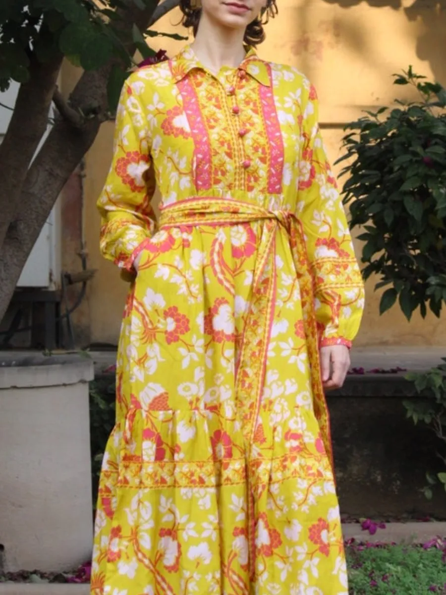 Yellow Block Print Cotton Dress