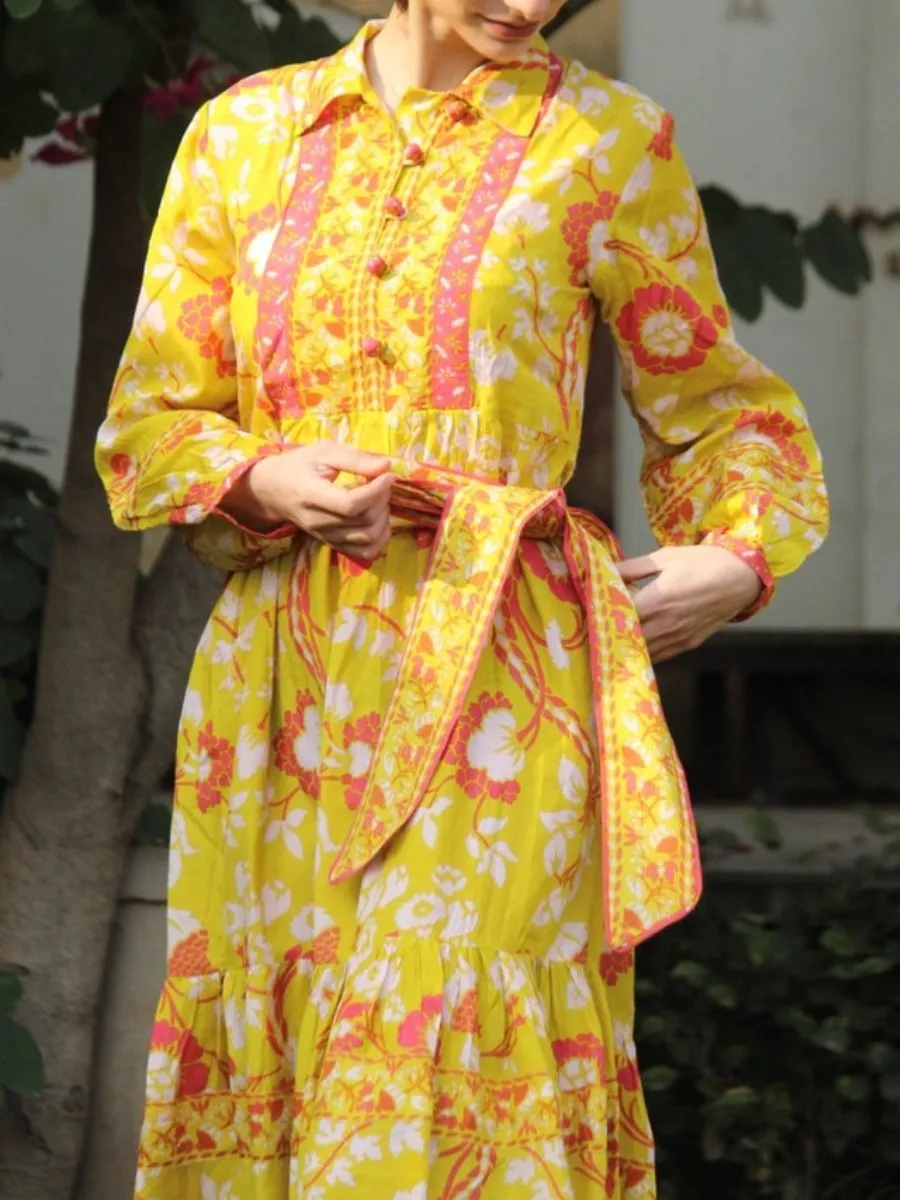 Yellow Block Print Cotton Dress